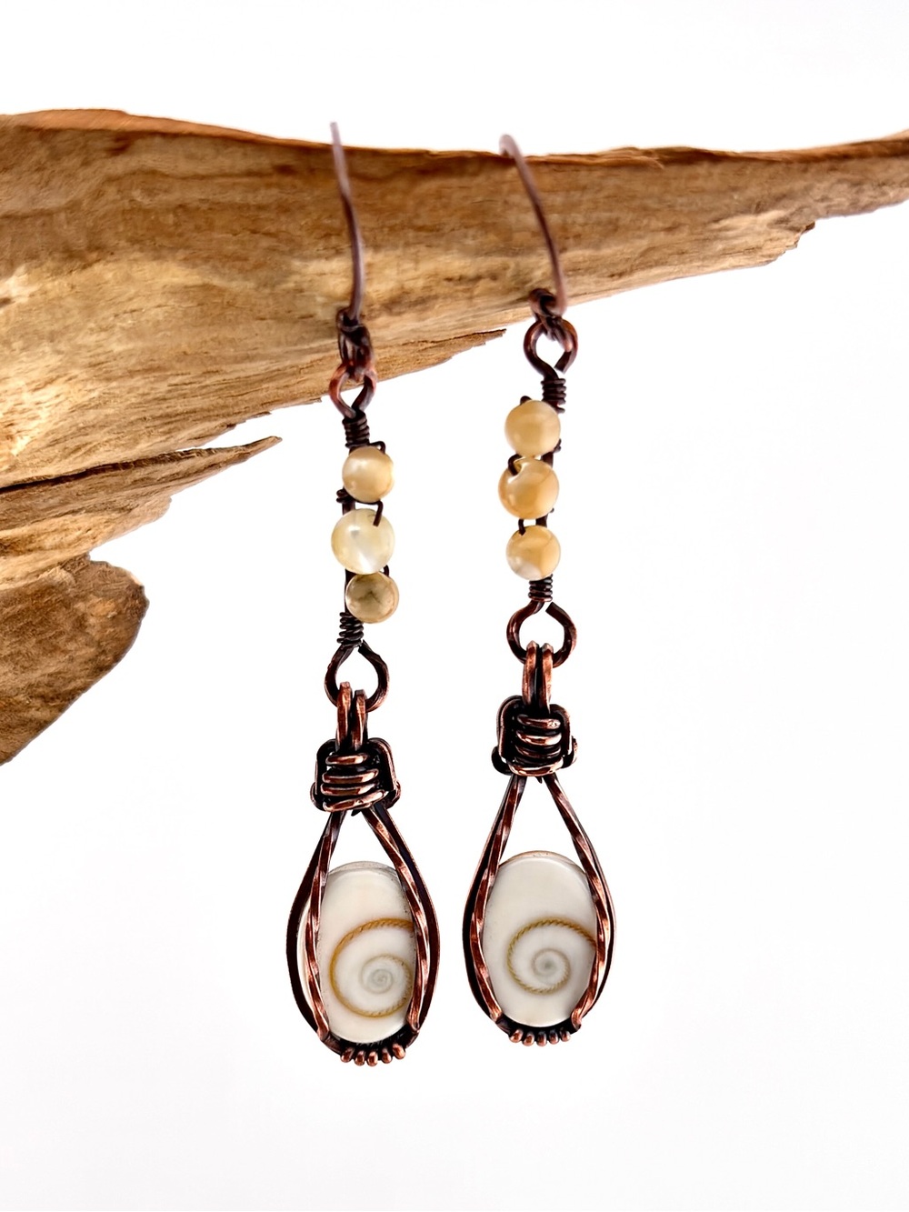 HANDMADE Shiva Eye Shell, Mother of Pearl Copper Earrings, Artisan Jewelry Gift